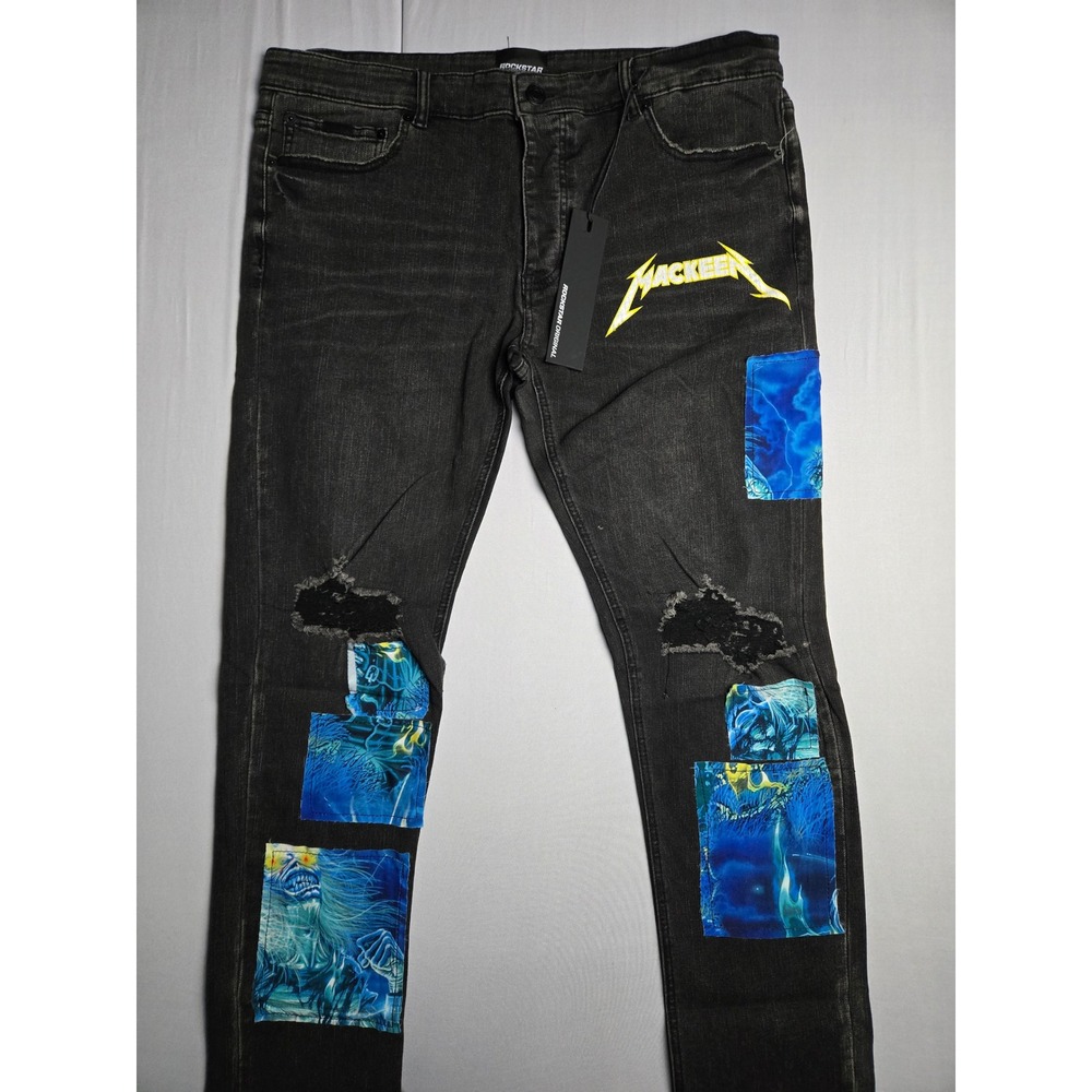 Rockstar Original MacKeen Mens Mystery Jeans Black Distressed Patched Size 38